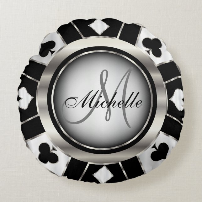 Coussins Ronds Chip de poker noir, blanc et argent (Devant)