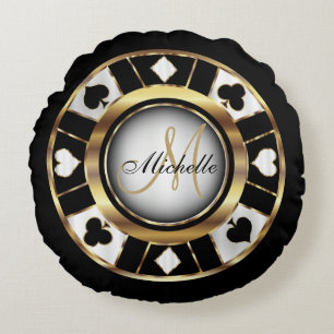 Coussins Ronds Chip de poker noir, blanc et or