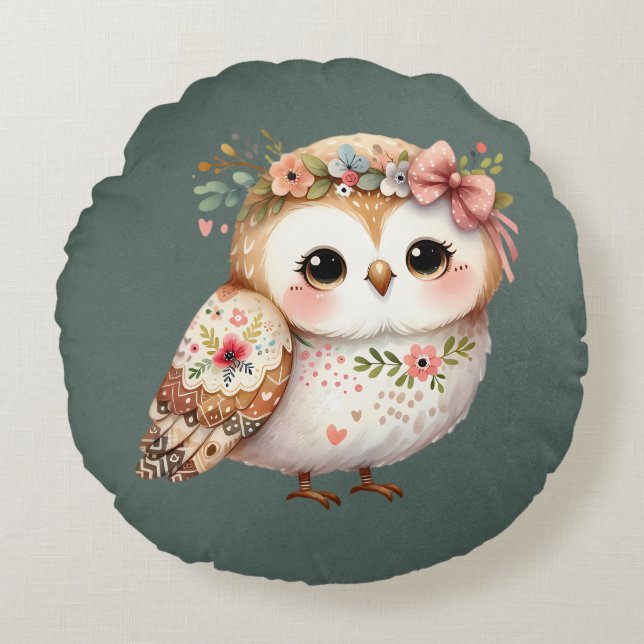 Coussins Ronds Chouette florale mignonne avec un nœud (Devant)