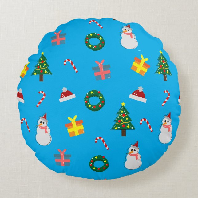 Coussins Ronds Christmas Gift – Cute Holiday Pattern with Snowman (Devant)