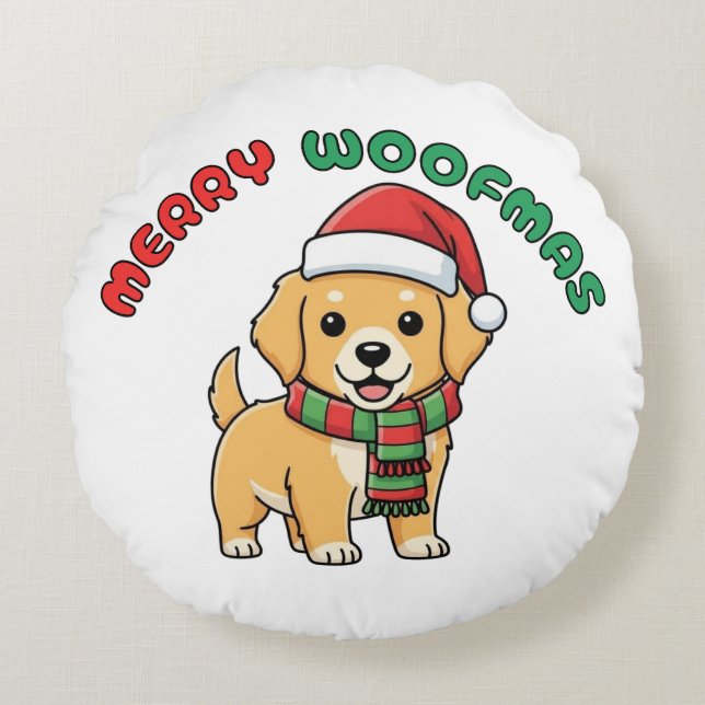 Coussins Ronds Christmas Golden Retriever : Joyeux Woofmas (Devant)