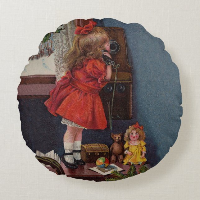 Coussins Ronds Christmas Little Girl Téléphone Antique (Devant)