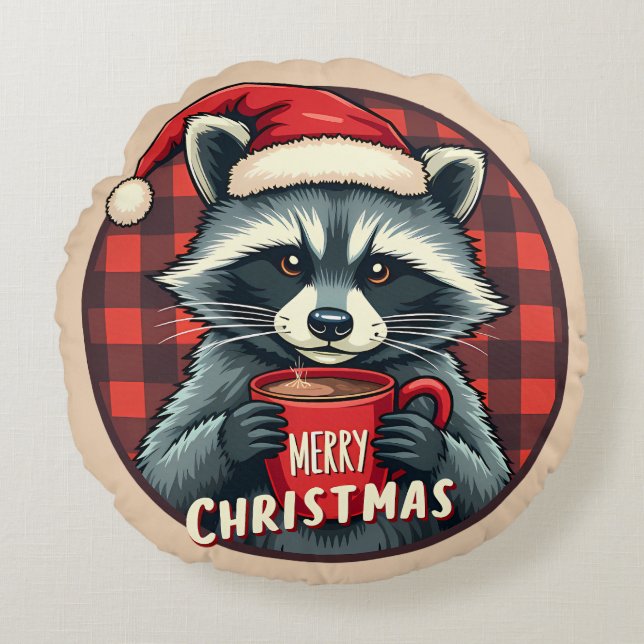 Coussins Ronds Christmas Raccoon Cocoa Cheer (Devant)