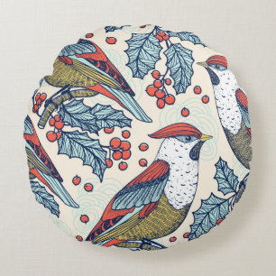 Coussins Ronds Christmas vintage seamless pattern with waxwings a