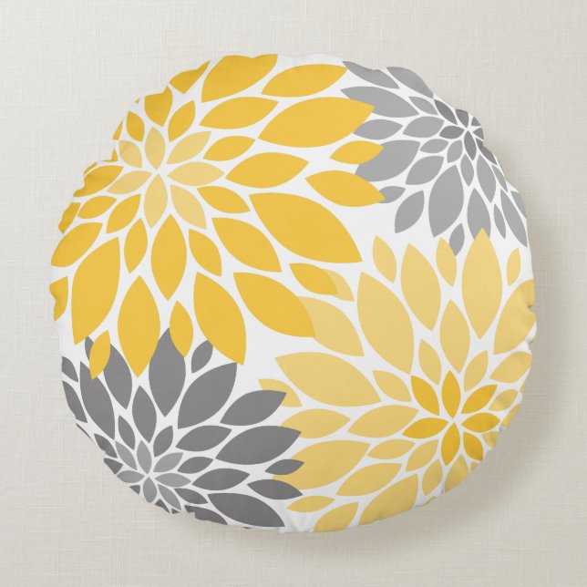 Coussins Ronds Chrysanthèmes jaunes et gris Motif floral (Devant)