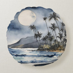 Coussins Ronds Ciel de nuit violet Lune Tropical Plage Palmiers