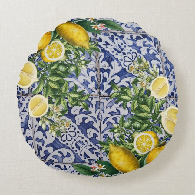 Coussins Ronds Citrons méditerranéens Carreaux portugais d'été (Devant)