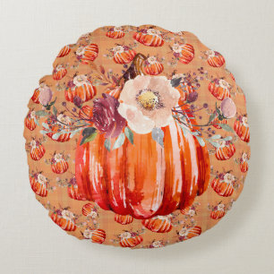 Coussins Ronds Citrouille orange automne plaid à fleurs chèque au
