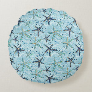 Coussins Ronds Clair bleu et or Starfish sur Ocean Wave Motif