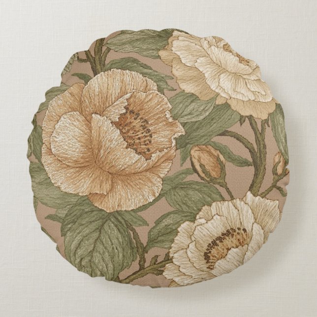 Coussins Ronds Classic,Lovely Flowers Pattern, Sage Gold Bloom (Devant)