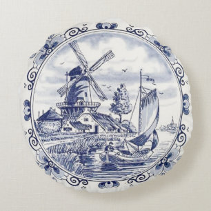 Coussins Ronds Classique Vintage Chic Hollandais Windmill Delft B