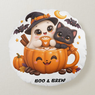 Coussins Ronds Club de Café Kawaii et Effrayant Chat Fantôme Citr