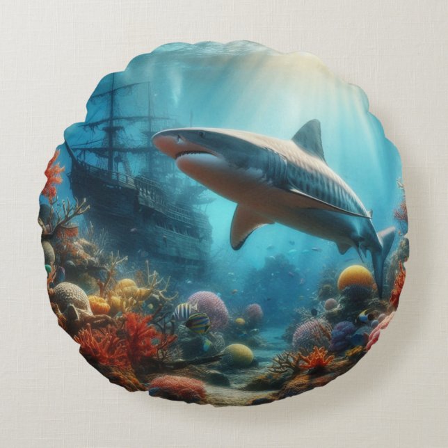 Coussins Ronds Coastal/nautical tiger shark & coral reef (Devant)