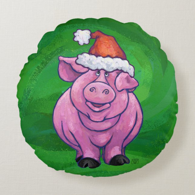 Coussins Ronds Cochon de Fête à Santa Hat sur Vert (Devant)