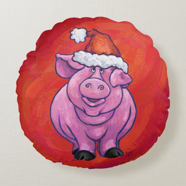 Coussins Ronds Cochon mignon à Santa Hat sur rouge (Devant)