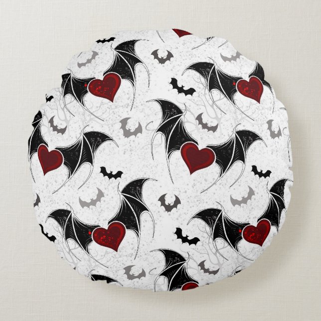 Coussins Ronds Coeur d'Halloween avec ailes de chauve-souris noir (Devant)