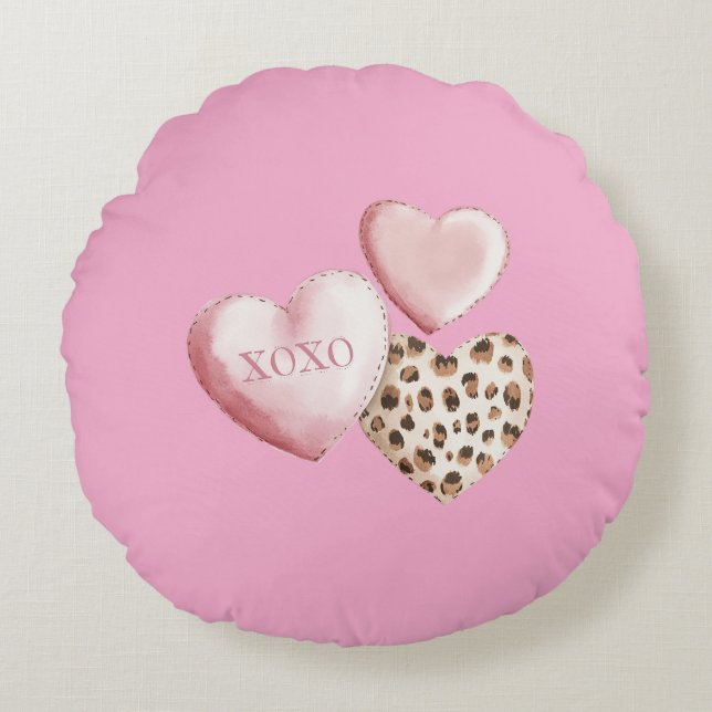 Coussins Ronds Coeurs Empreintes de léopard XOXO Rose (Devant)