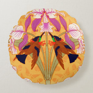 Coussins Ronds Colibri Art nouveau et fleur d'orchidée