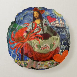 Coussins Ronds Collage Nuit étoilée de Mona Lisa : Surréalisme fa