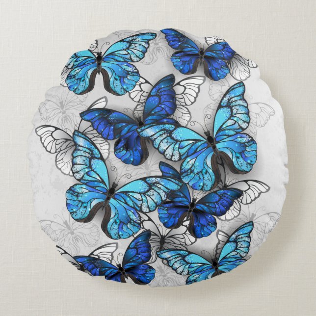 Coussins Ronds Composition des White and Blue Butterflies (Devant)