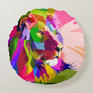Coussins Ronds Conception d'art pop prismatique coloré de lion