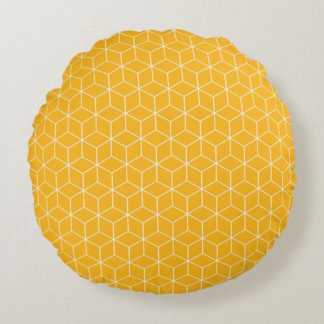 Coussins Ronds Conception de motif de cube hexagonal jaune vibran (Devant)
