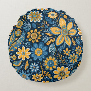 Coussins Ronds Conception florale vintage hippie jaune bleu 