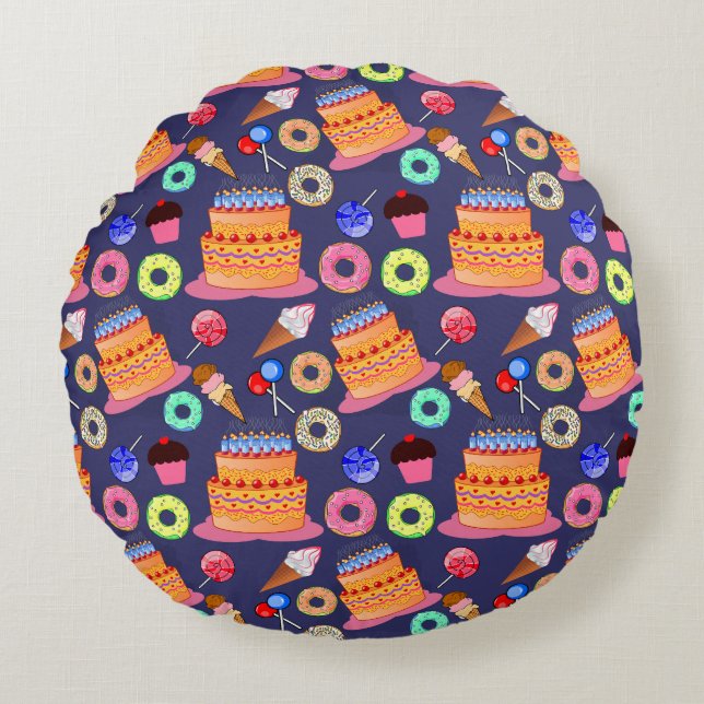 Coussins Ronds Conception Motif de pâtisserie de gâteaux d'annive (Devant)