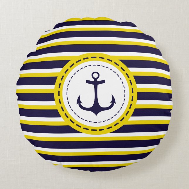 Coussins Ronds Conception nautique d'Ancre de rayures de jaune de (Devant)