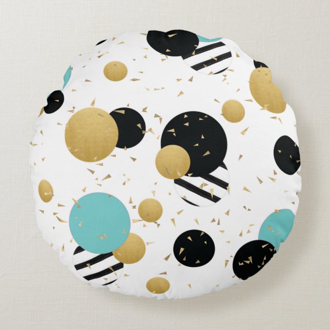 Coussins Ronds Confetti Dot Party Black Turquoise et Gold Circula (Devant)