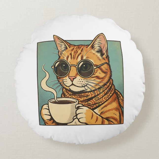 Coussins Ronds Cool Cat Coffee Retro Style Design for Cat Lovers (Devant)