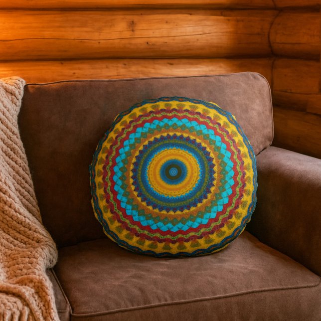 Coussins Ronds Cool tendance bleu rouge jaune Mandala Tribal Ethn (Créateur téléchargé)