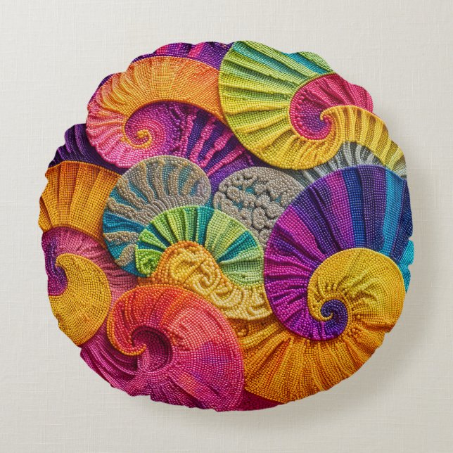 Coussins Ronds Coquilles chromatiques : Mosaïque spirale vibrante (Devant)