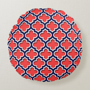 Coussins Ronds Corail Rouge, Marine Blanc Quatrefoil Marocain #5D