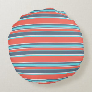 Coussins Ronds Corail vivant, bandes bleues et grises