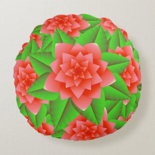 Coussins Ronds Coral Orange Camellias et Feuilles verts
