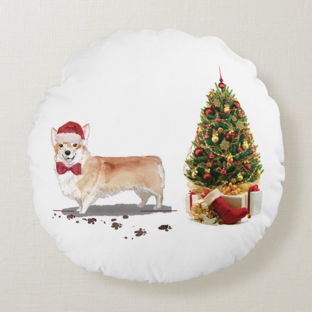 Coussins Ronds Corgi Funny Chien de Noël avec arbre (Devant)