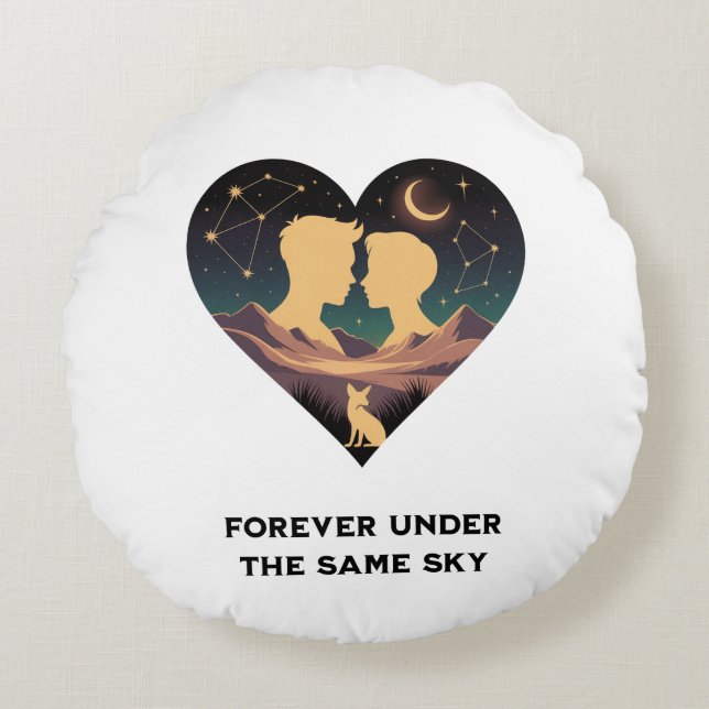 Coussins Ronds Cosmic Love Story Coeur avec les amants et Fox Art (Devant)