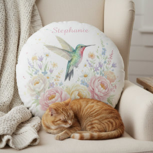Coussins Ronds Cottagecore d'anniversaire botanique au colibri