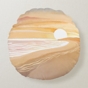 Coussins Ronds Coucher de soleil sur la plage aquarelle Beau ja