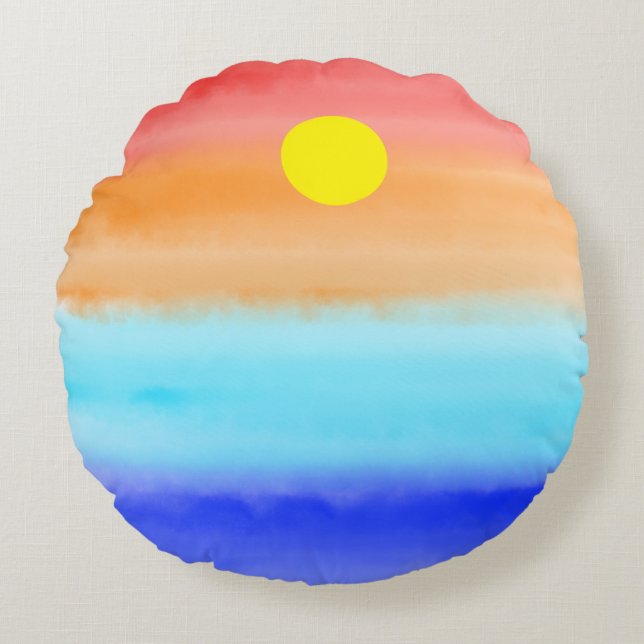 Coussins Ronds Coucher de soleil sur l'aquarelle de l'océan Art A (Devant)