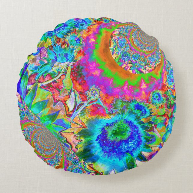 Coussins Ronds Couleur d'eau abstraite de tournesol bleu (Devant)