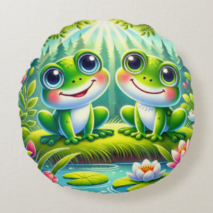 Coussins Ronds Couple de grenouilles vertes mignonnes Jardin de n