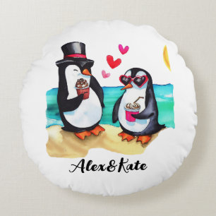 Coussins Ronds Couple de manchots drôles, Animaux amoureux