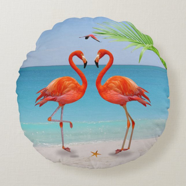 Coussins Ronds Couple Flamant rose rouge & feuille de palme sur l (Devant)