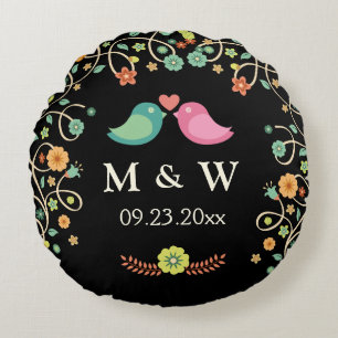 Coussins Ronds Couples floraux d'inséparables de monogramme