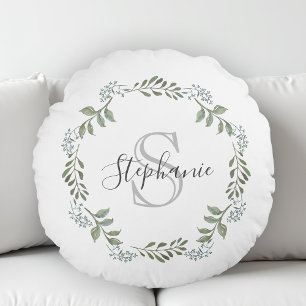 Coussins Ronds Couronne botanique de verdure sage avec monogramme