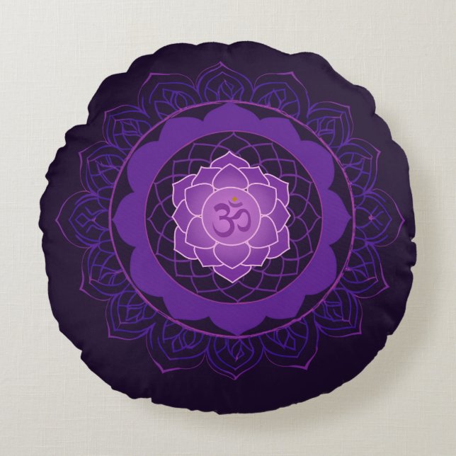 Coussins Ronds Couronne Chakra Mandala -Sahasrara Avec Om Violet (Devant)