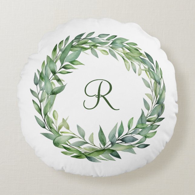 Coussins Ronds Couronne de feuilles de eucalyptus vert Monogram (Devant)