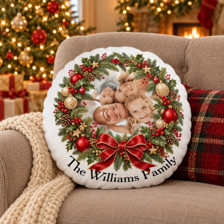 Coussins Ronds Couronne de Noël personnalisée avec photo de famil